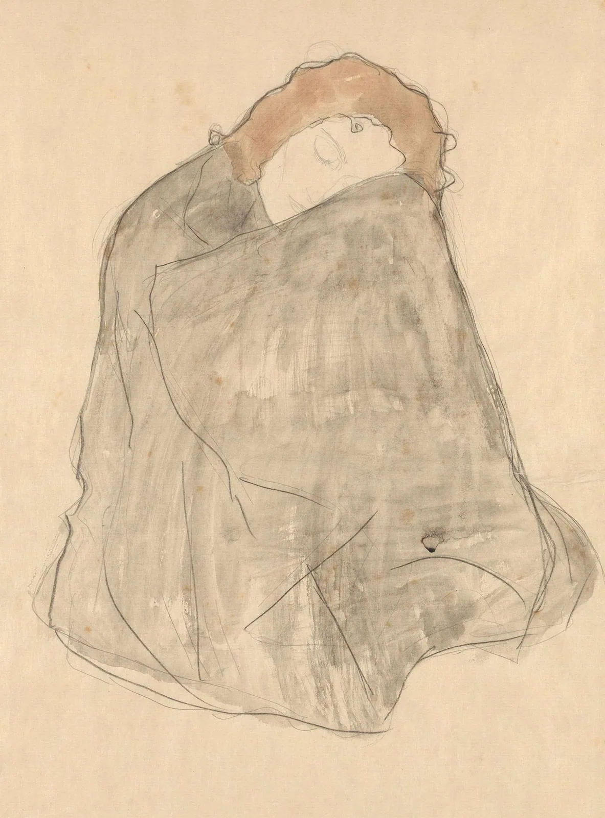 Crouching Woman Wrapped in a Dark Cloak by Gustav Klimt, 1908–1909