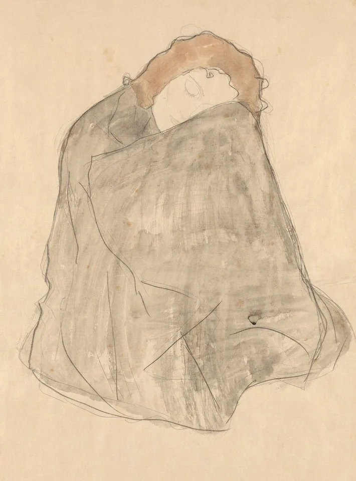 Crouching Woman Wrapped in a Dark Cloak by Gustav Klimt, 1908–1909